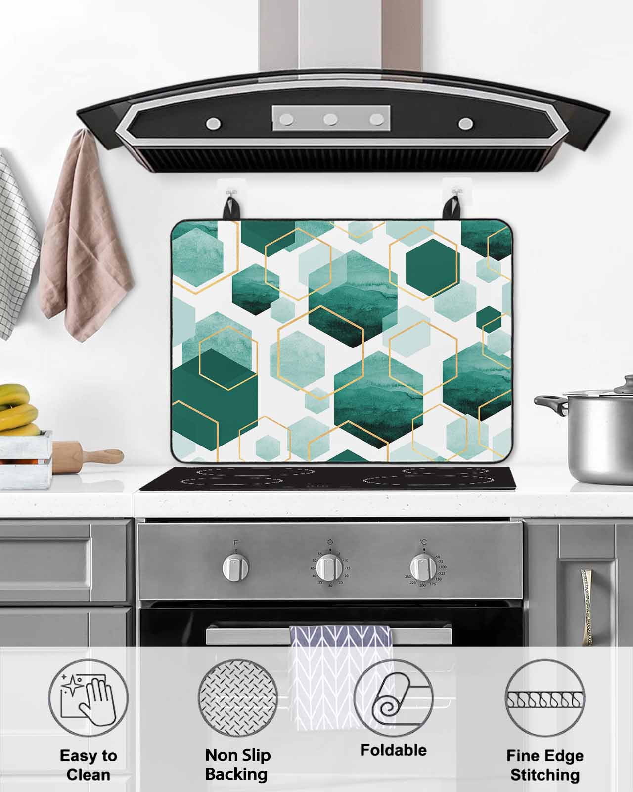 nqOlkjepod Large Induction Cooktop Protector Mat 24"x21", Turquoise Geometric Stove Top Covers for Electric Stove, Gold White Hexagon Modern Decorative Stove Burner Cover Mats, Glass Top Stove Cover