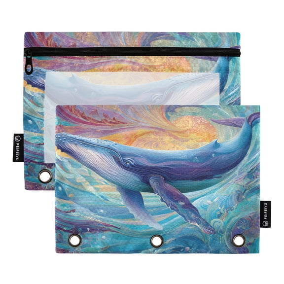 2 Pack 3 Ring Binder Pouch with Clear PVC Window Water Resistant Zipper Pencil Pouch Nocturnal Ocean Whale Binder Pocket for Classroom Office Home Stationery Organization