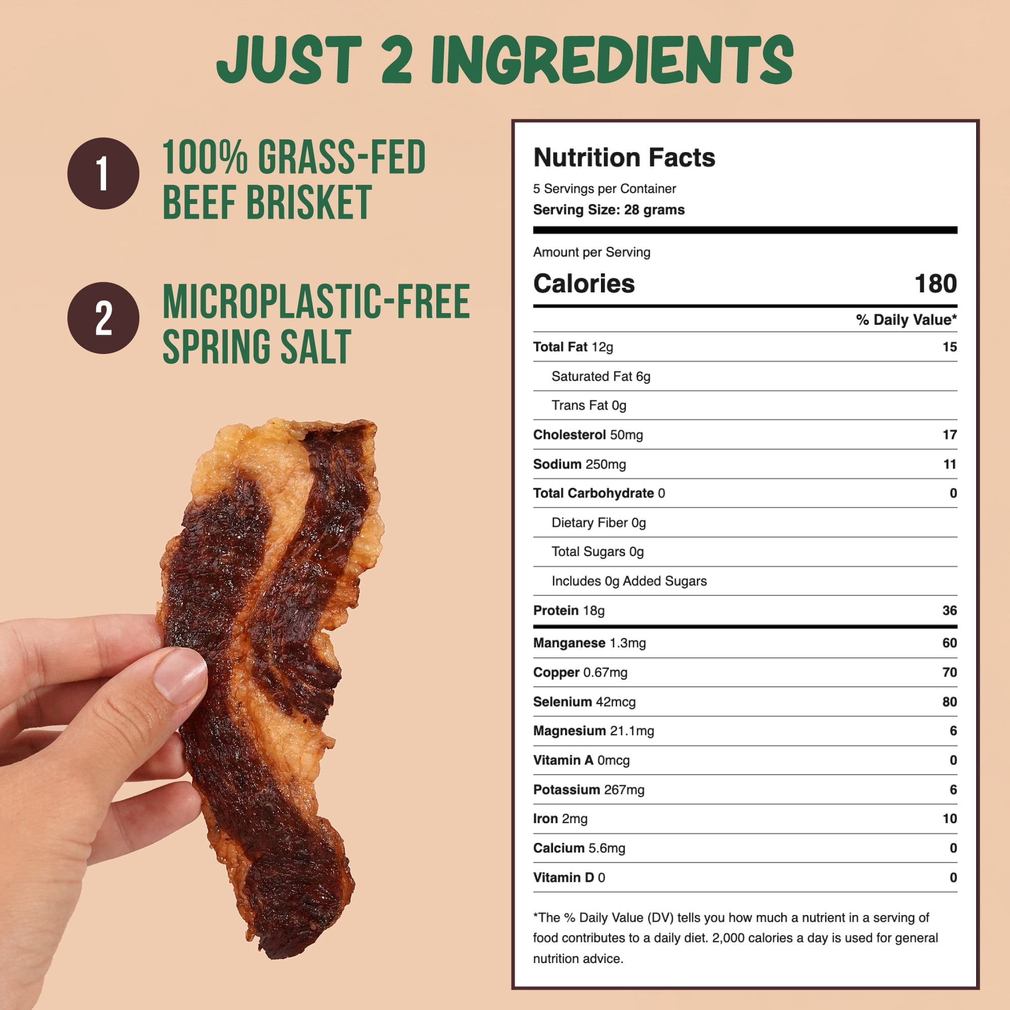 Grazly Beef Brisket Slab – Grass-Fed & Finished | Tender Beef Jerky Made with Only Meat & Salt | High-Protein Carnivore Snacks | Premium Brisket Jerky from 1lb Raw Meat | 5oz On-the-Go Snack Pack