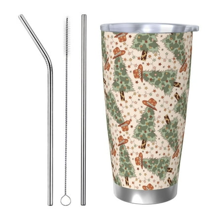 

Zeuib Cowboy Christmas Trees Printed 20oz Stainless Steel Insulated Car Cup Stainless Steel Thermal Cup Vacuum Insulated Leak-proof Travel Mug Cup-Straw Three-piece Set
