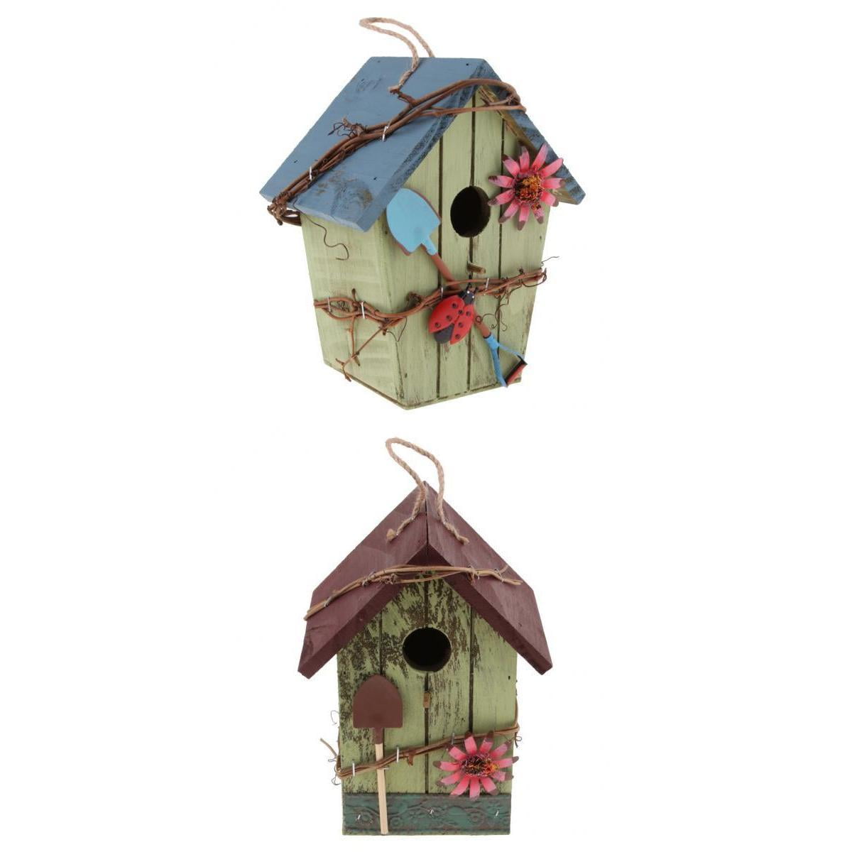 Hand-painted Wooden Birdhouse w/ Jute Cord Home Outdoor Garden Decoration E 