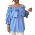 thumbnail image 2 of Xuyuer Womens Off The Shoulder Tops Puff Long Sleeve Bowknot Tie Front Loose Fit Ruffle Flowy Solid Fasion Shirts Blouses, 2 of 7