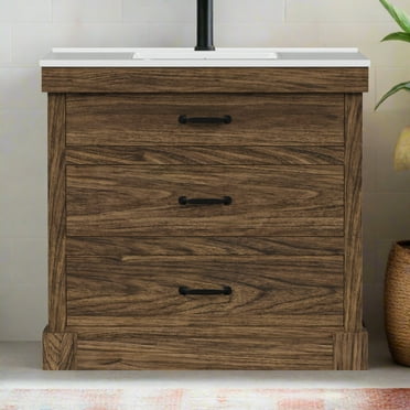 Teamson Home Donovan 36" Single Bathroom Vanity with Integrated Square Sink and Two Drawers, Walnut