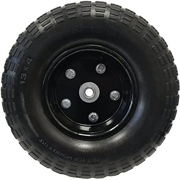 13" Flat Free Hand Truck Tire and Wheel with 5/8" Center Shaft Hole (Glossy Black Hub)