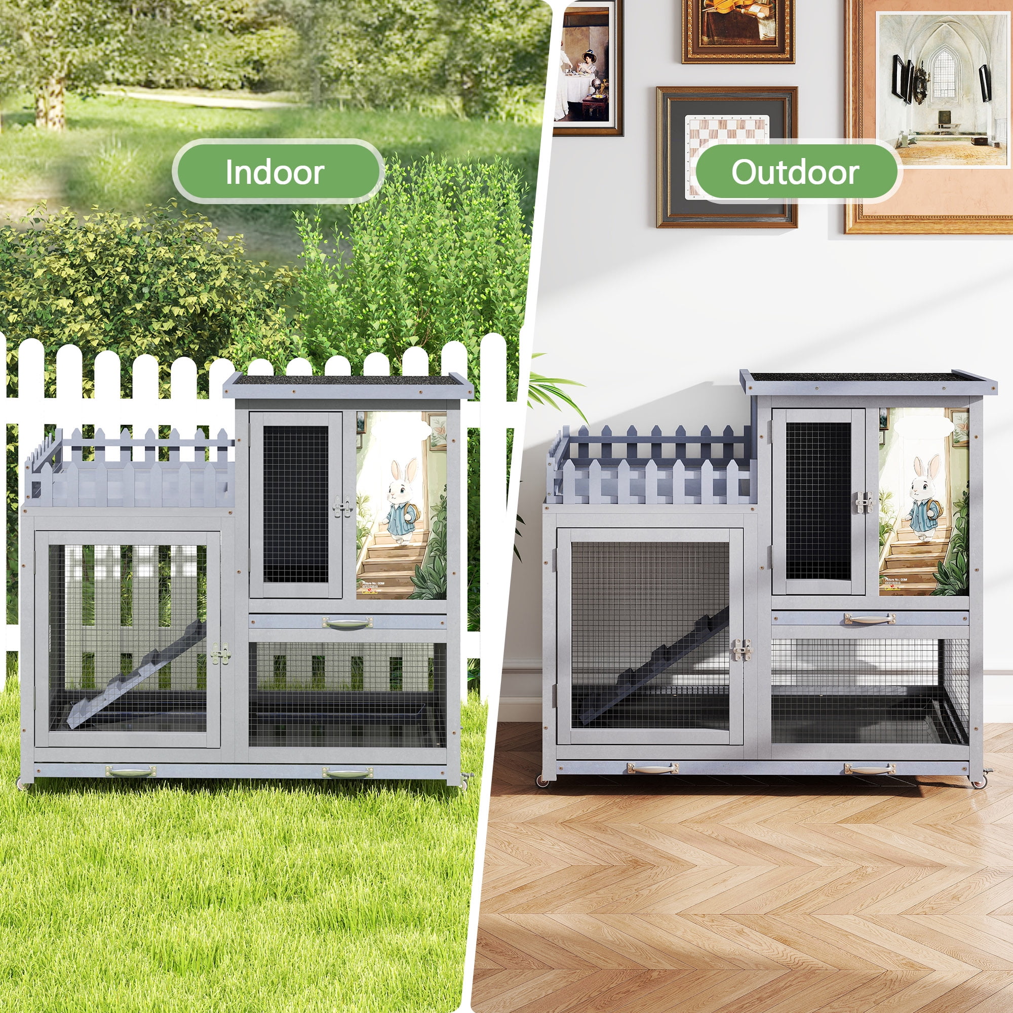 Coziwow Wooden 38inches Rabbit Hutch Bunny Cage Small Animal House with Wheels Indoor&Outdoor, Gray