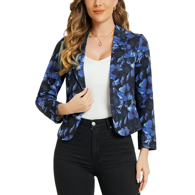 BLAZER CHIC para Mujeres, Abierto al Frente, Ideal para el Trabajo, Chaqueta de Traje Corta de Verano, Azul Oscuro con Flores, Talla S