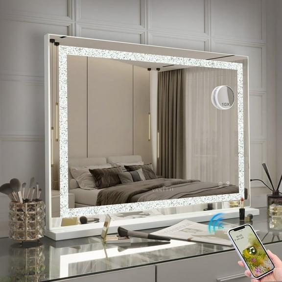 Fenchilin 32''x23'' Vanity Mirror with Lights Bluetooth Tabletop Wall Mount Metal White