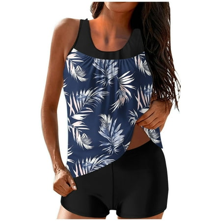 ZQGJB Blouson Tankini Swimsuits for Women Two Pieces Summer Tropical Printed Beach Flowy Swim Tank Top and Boyshorts Tummy Control Bathing Suits(Blue#04 XXL)
