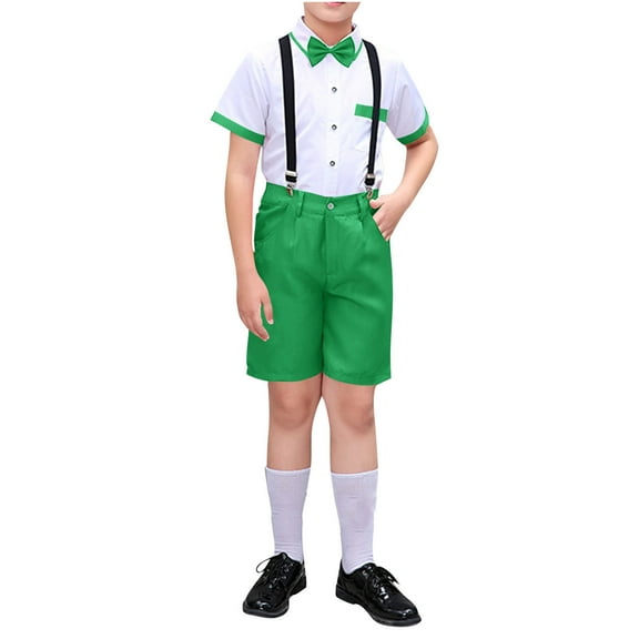 AHTJRT Boy Formal Suit Short Sleeve Shirts and Shorts Suspenders Suit Set 2 Pieces Party Prom Wedding Clothes Suit Green 9-10 Years