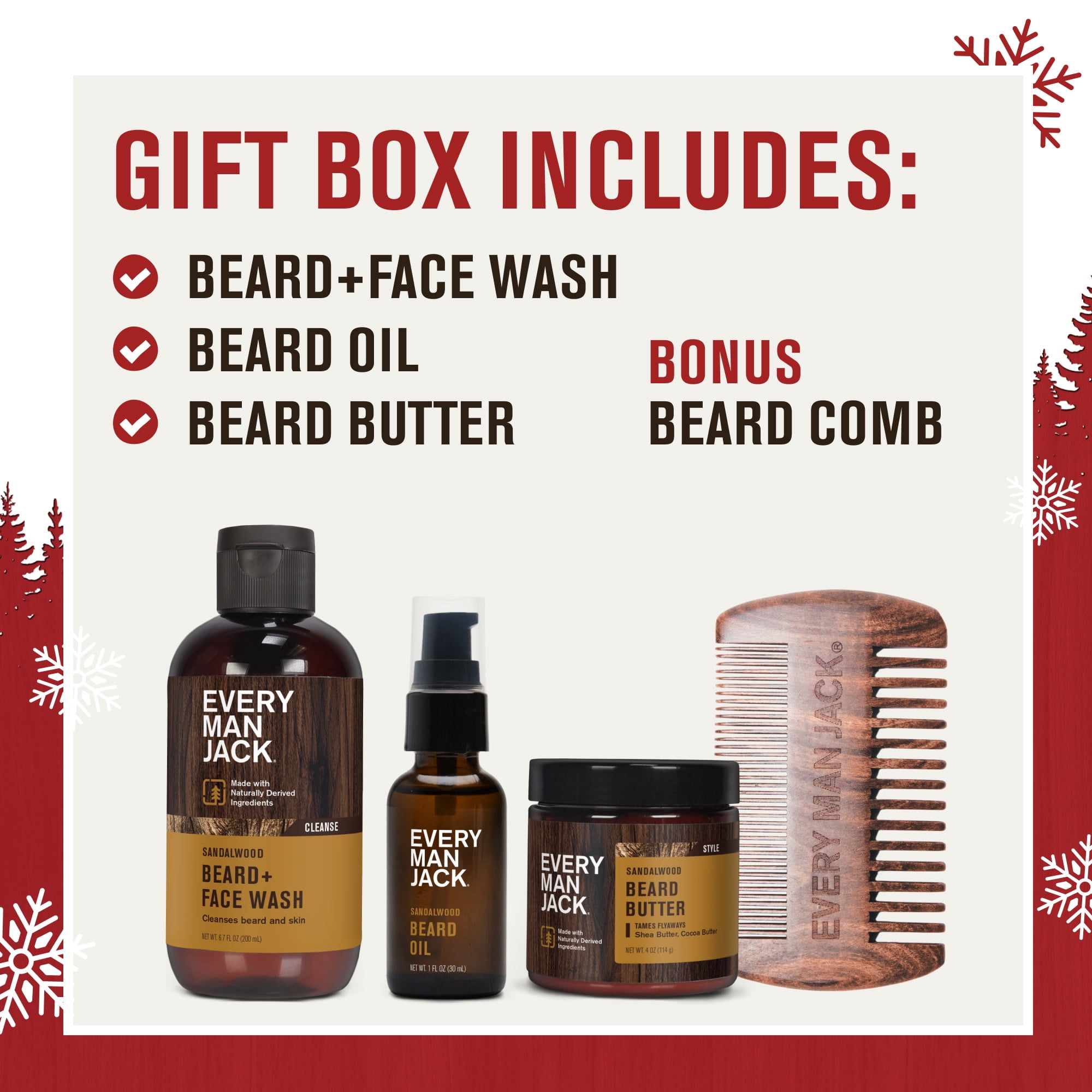 (2 pack) Every Man Jack Sandalwood Beard Kit Gift Set for Men, Face Wash, Beard Butter, Beard Oil & Comb
