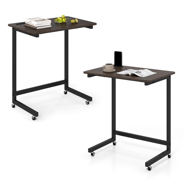 Patiojoy 2PCS Rolling C-shaped End Table Couch Table with Built-in Phone Slot, Small Side Table with 2 Lockable Casters