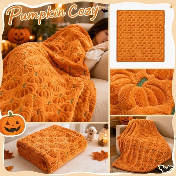 JuDWoC Rustic Orange Pumpkin Throw Blanket Soft Flannel Fleece Blanket Embossed Pumpkin Pattern Fleece Blanket for Couch Sofa Bed Fall Seasonal Decor 39.3*27.6in