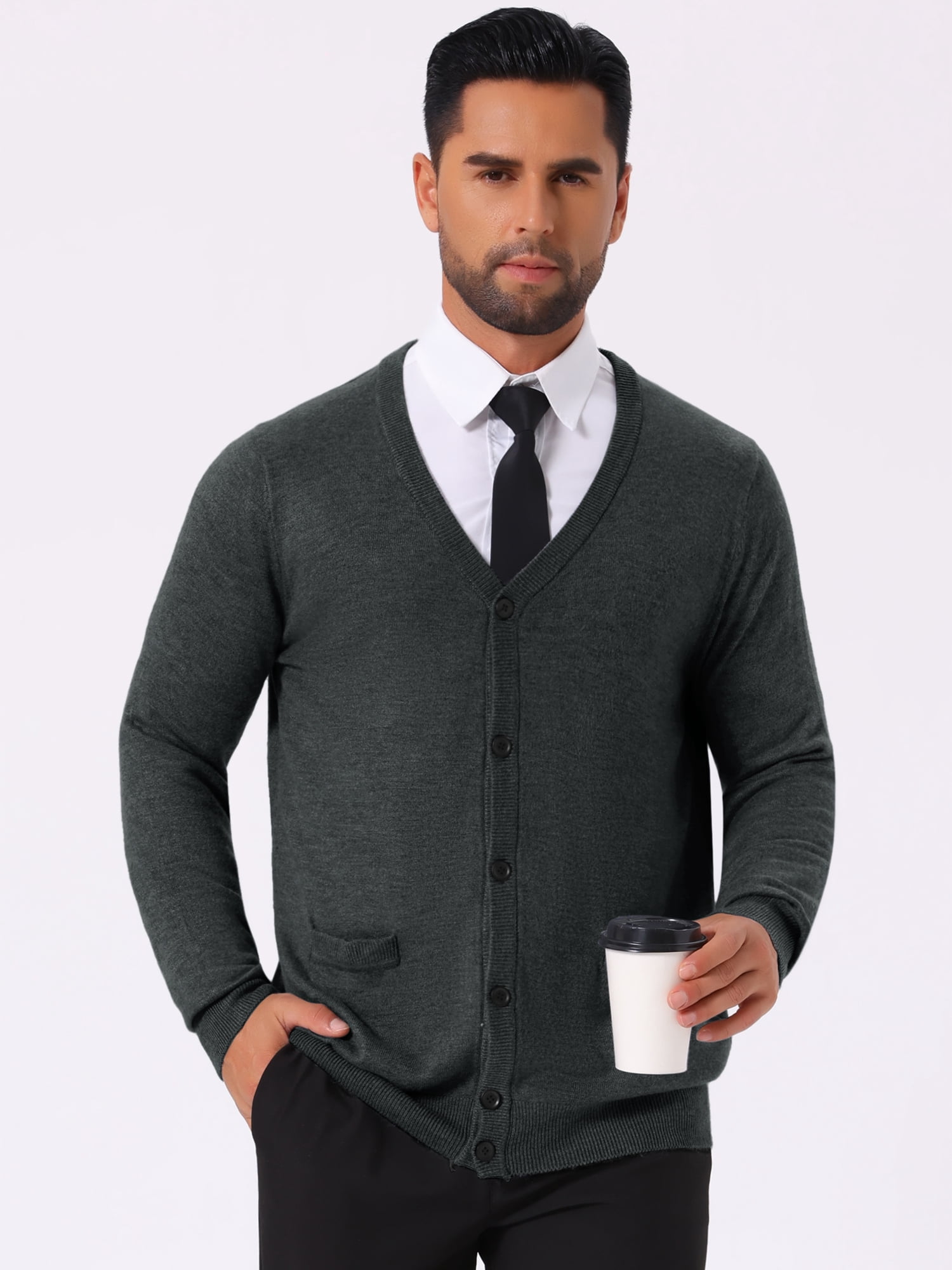 DARING DIVA Men's V Neck Long Sleeved Button Down Knit Sweater with Pockets L Dark Gray