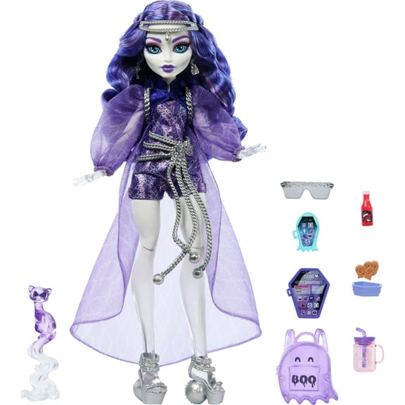 Monster High Spectra Vondergeist Doll with Pet Ferret Rhuen and Accessories Like Backpack, Tablet, Snacks and More
