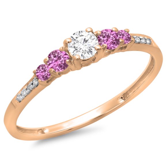0.40 Carat (ctw) 10K Rose Gold Round Cut Pink Sapphire & White Diamond Ladies Bridal 5 Stone Engagement Ring