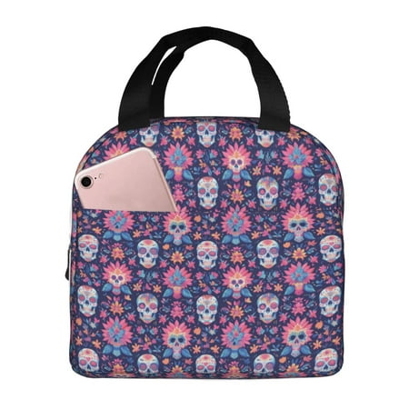 Insulated Lunch Bag for Women Men - leaf flower Skull colorful Leakproof Cooler Lunch Box for Women Men  Lunch Tote Bags for Work School Picnic Travel