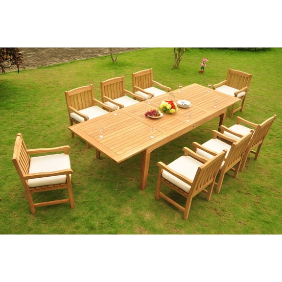Teak Dining Set: 8 Seater 9 Pc: Large Caranasas 122" Double Extensions Double Extensions Dining Rectangle Table & 8 Devon Arm/Captain Chairs Outdoor Patio Grade-A Teak Wood WholesaleTeak #WMDSDVs