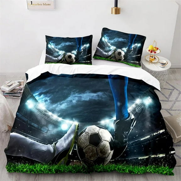 Soccer Duvet Cover Set Football Sport Black White Polyester Comforter Cover King Size for Kids Boys Teen Bedding Set