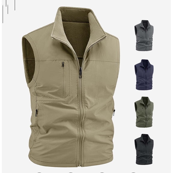Zysthvn Winter Mens Vest Jacket Casual Zip up Fleece Jacket for Men Solid Stand Collar Sleeveless with Pockets Outerwear