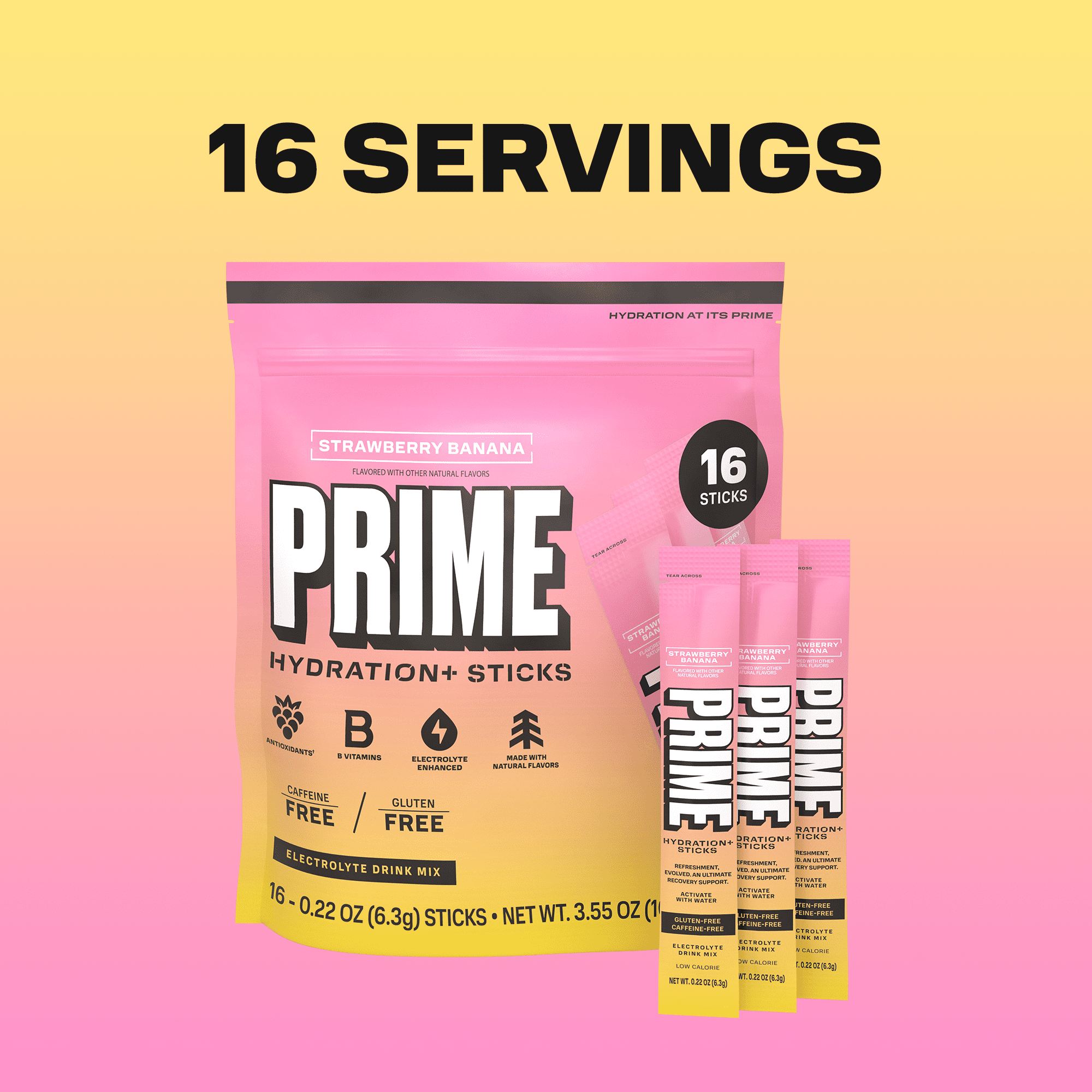 PRIME Hydration+ Strawberry Banana Electrolyte Powder Sticks, Sugar Free, 16 Count