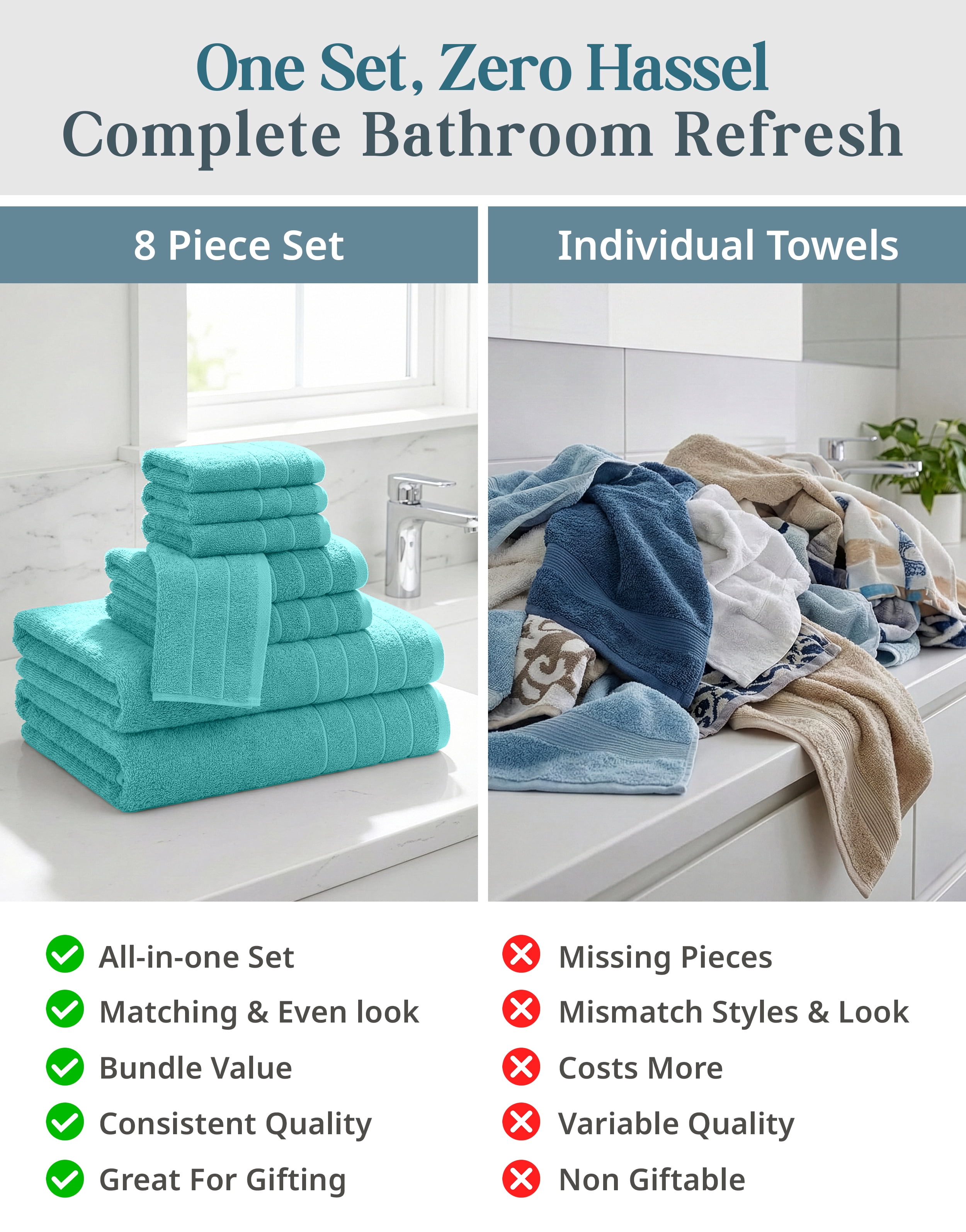 Casa Platino Bath Towel Set of 8 – 100% Ring-Spun Cotton with 2 Bath, 2 Hand Towels & 4 Washcloths, Ultra Soft, Quick-Dry, Ideal for Spa, Hotel & Everyday Use – Aqua Sky