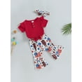 thumbnail image 3 of Wassery 2Pcs Baby Girl 4th of July Outfits 3 6 12 18 24 Months Infant Independence Day Clothes Short Sleeve Ribbed Romper + Flare Pants + Headband Set, 3 of 9