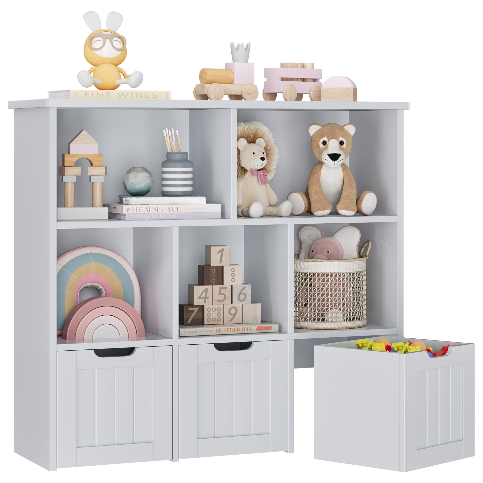Homfa Toy Storage Organizer with 3 Movable Drawers, 5 Cube Kids Bookcase for Playroom, Storage Cabinet for Living Room, Gray Finish