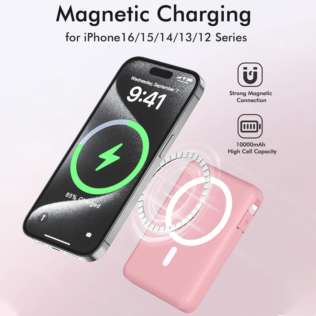 Podoru Wireless Portable Charger, 10000mAh Magnetic Power Bank Built-in USB C Lighting Cables 22.5W PD Fast Charging LED Display Battery Pack for for iPhone 16/15/14/13/12 - Pink