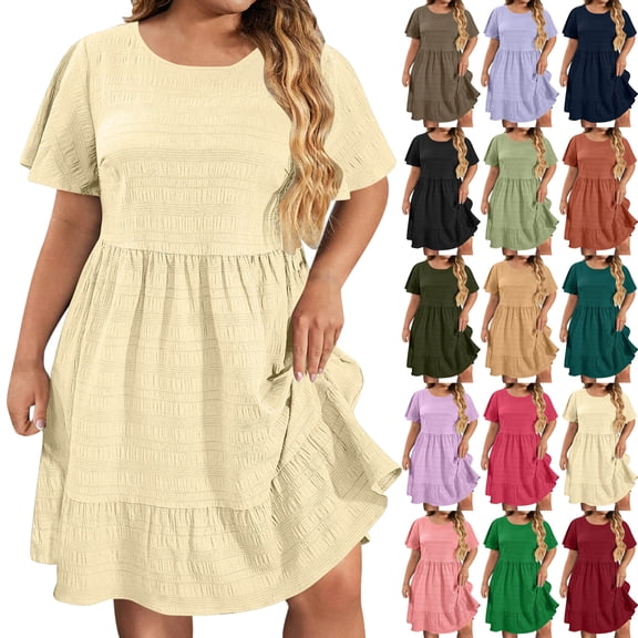 Summer Fashion Plus Size Dresses for Women Solid Color Cotton Linen Short Sleeved V-neck