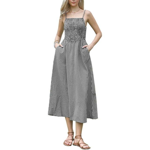Vestido Maxi de Gingham para Mujer Inspire Chic, Tirantes Espagueti, Corte A-Line, Fluido, Cuadros, Vestido de Verano para el Día de la Madre, Con Fruncidos, Negro, XS