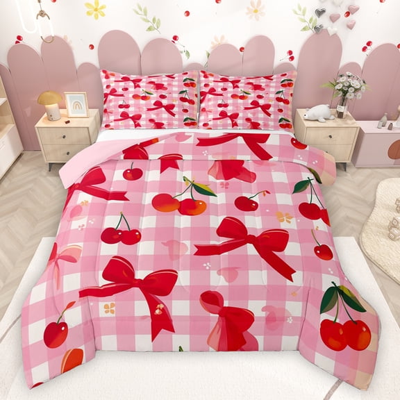 Feelyou Kawaii Red Bowknot Bedding Comforter Set for Teens, Cartoon Fruit Cherry Twin Comforter Sets, Pink Check Buffalo Reversible Bedding Set, Luxury Bedroom Decor, 2 Pieces