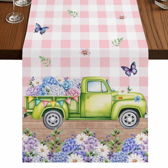 Table Runners 48 Inches Long Dress Scarves, Blue Purple Floral Farmhouse Kitchen Table Runner, Short Coffee Tablerunners, Spring Hydrangea Flower Truck Pink Plaid 13x48 Inch