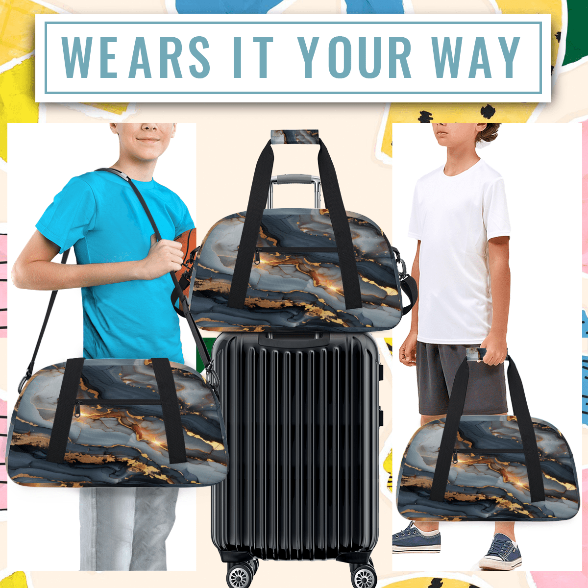 Herdesigns Art Black Glod Marble Sports Duffle Bag for Women & Men, Modern Gym Bag Dance Bag Overnight Bag Carry On Weekender Travel Bag