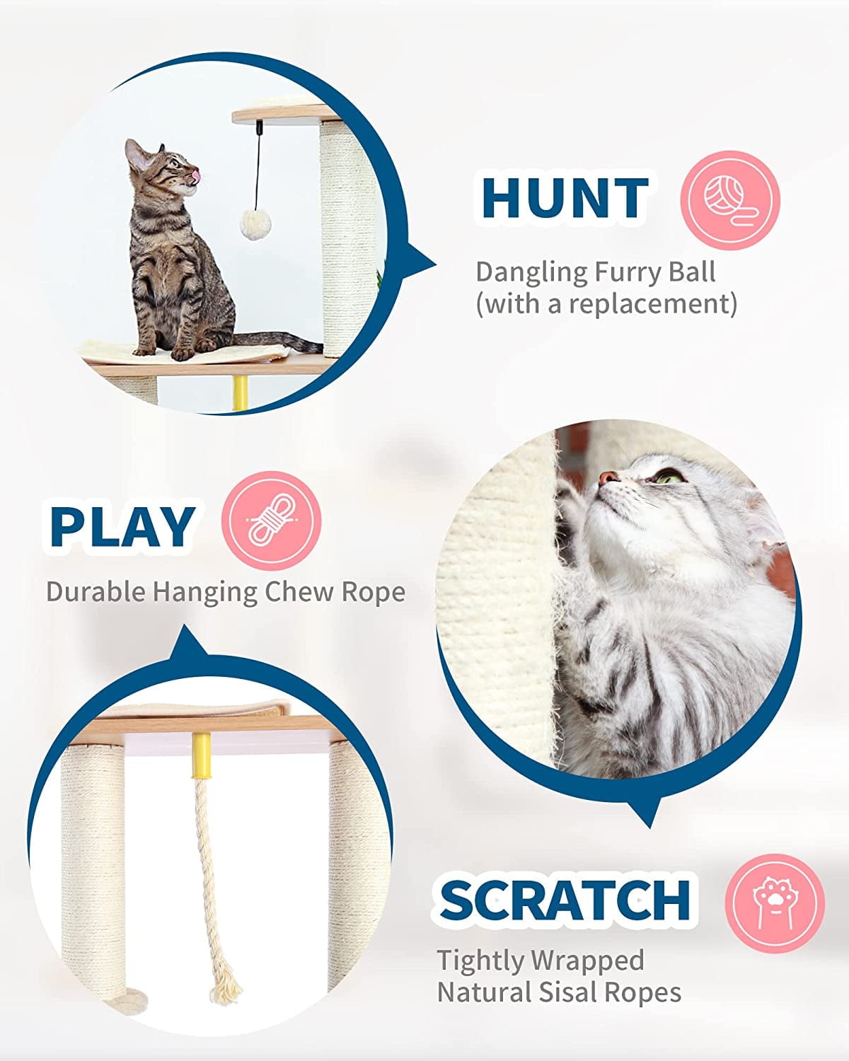 65" Tall Wood Condo Cat Tree Tower with Hammock, Scratching Post and Removable Pads