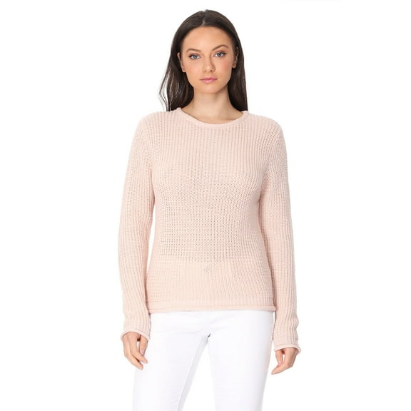 YEMAK Women's Casual Classic Crewneck Waffle Knit Long Sleeve Thin Pullover Sweater MK8176-BLUSH-L