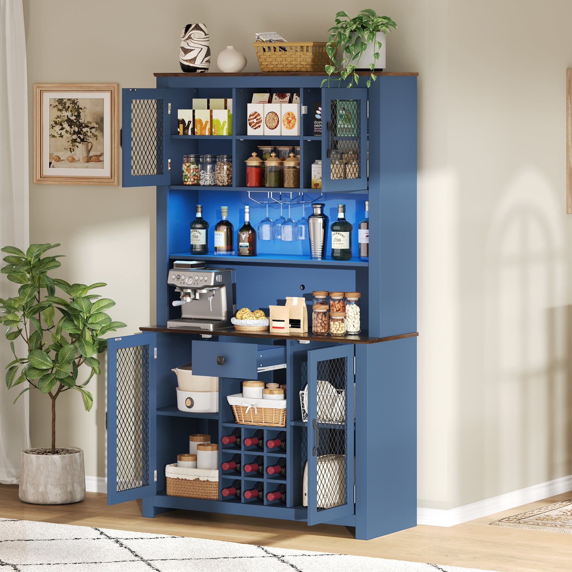Euroco 70.9" Kitchen Pantry Storage Cabinet Rustic Buffet Cabinet, Kitchen Hutch Cabinet with LED Outlets Food Pantry Cabinet with Doors and Shelves Wine Rack for Dining Room, Navy Blue