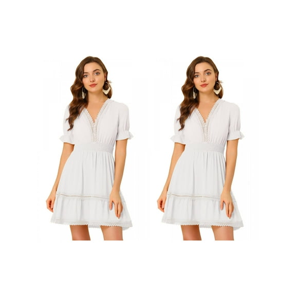 NOMADIC NOOK Women's 2 Packs Solid V Neck Smocked Elastic Waist Short Sleeve Mini Dress