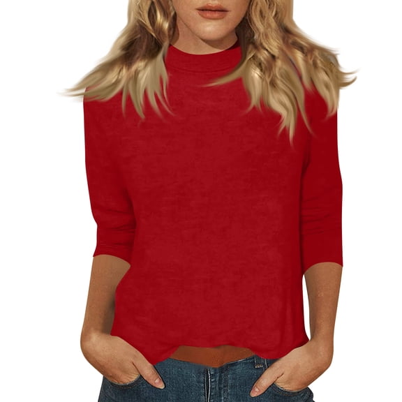 3/4 Sleeve Tops for Women Mock Turtleneck Tunic Tops Loose Fit Dressy Blouses Casual Shirts Preppy Basic Tees Red M