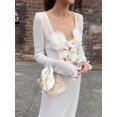 White Flower Elegant Maxi Dress Women Vneck Long Sleeve Ruffles Split