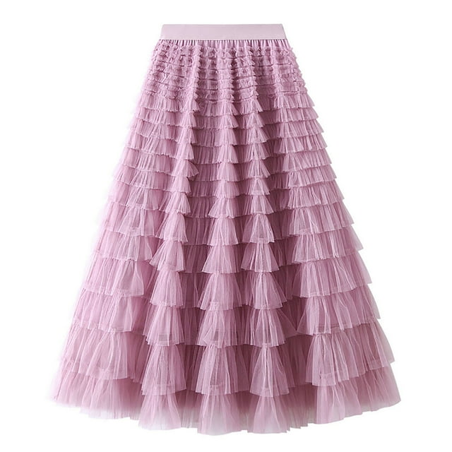 Birdeem Womens Solid Color Ruffled Mesh Skirt High Waist Prom Poached Skirt Half-Length Skirt