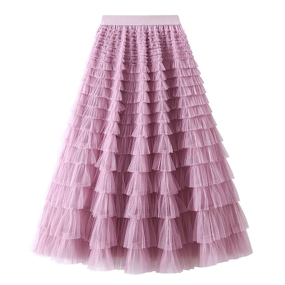 Mrat Long Tulle Skirt Women's Solid Color Ruffled Mesh Skirt High Waist Prom Poached Skirt Half-Length Skirt Elastic Waist Pleated Skirt S-159 Purple M