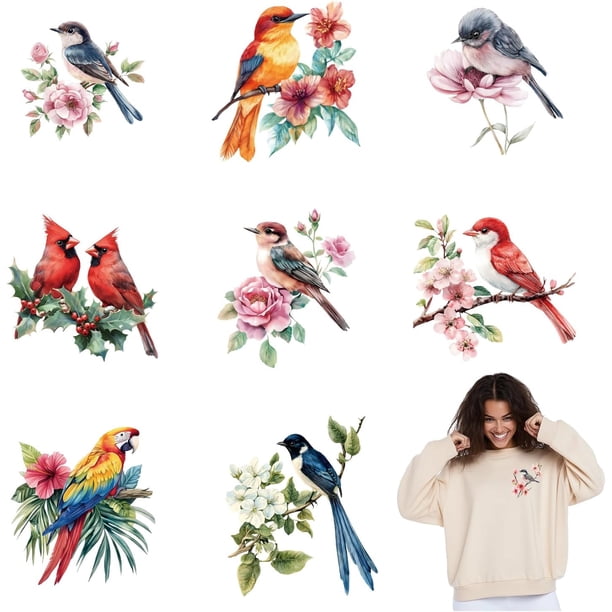 9 piezas de transferencias térmicas de pájaros y flores, pegatinas de loros, parches para planchar, pegatinas de colibríes, calcomanías de transferencia térmica