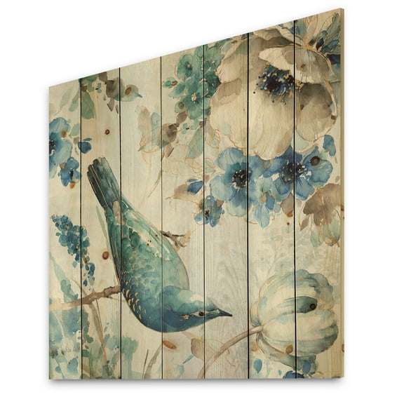 Designart 'Indigold Watercolor Lovely bird I' Farmhouse Print on Natural Pine Wood
