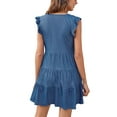 thumbnail image 6 of Women's Mini Denim Dress, Casual Fly Sleeve V Neck Button Down Solid Color Tiered Dress, 6 of 7
