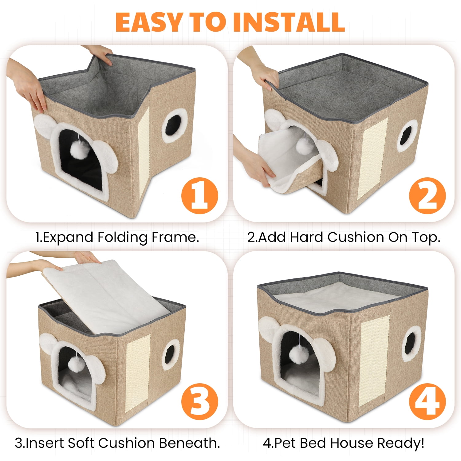 MASBRILL Cat Beds for Indoor Cats - Large Pet Cat Bed Cave with Scratch Pad and Fluffy Ball, Foldable Cat Hideaway for Multi Small Pet