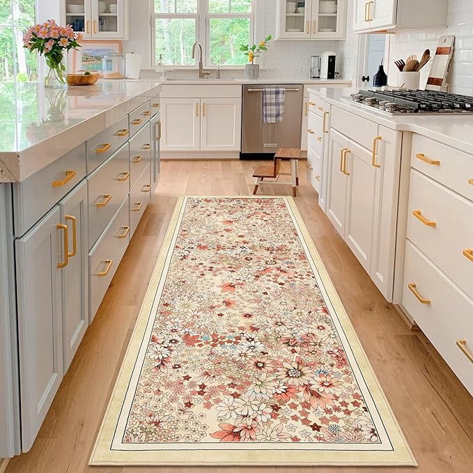 8'x 10' Runner Rug for Hallways Kitchen Non Slip Washable Rugs with Rubber Backing Soft Floral Carpet Runner for Hallways, Kitchen, Laundry, Bedroom, Bathroom-Yellow