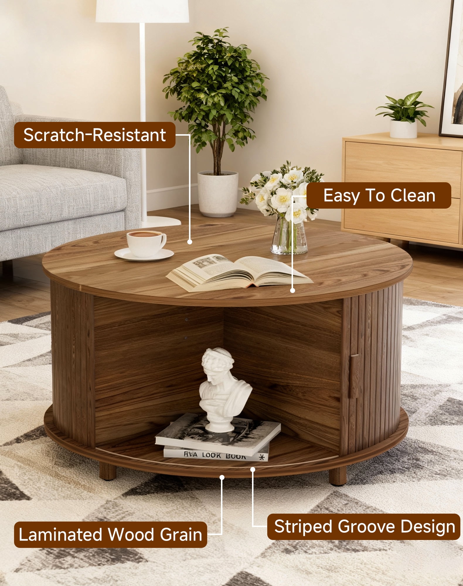 Putuo Decor Round Lift Top Coffee Table with Storage, Fluted Wood Tambour Door, Walnut