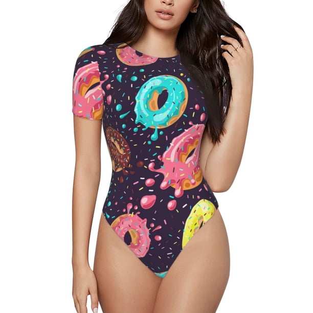Balery Donuts1 Body de cuello redondo de manga corta para mujer Tops de manga corta Tops básicos-Large