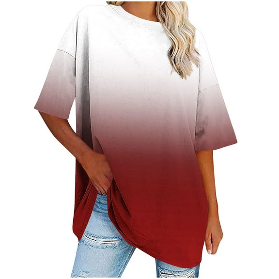 Sexlip Womens Swimsuit Set Ombre Gradient Cover Up Design Crew Neck Elbow Sleeve Loose Silhouette Breathable Fabric for Casual Beach Days Red S