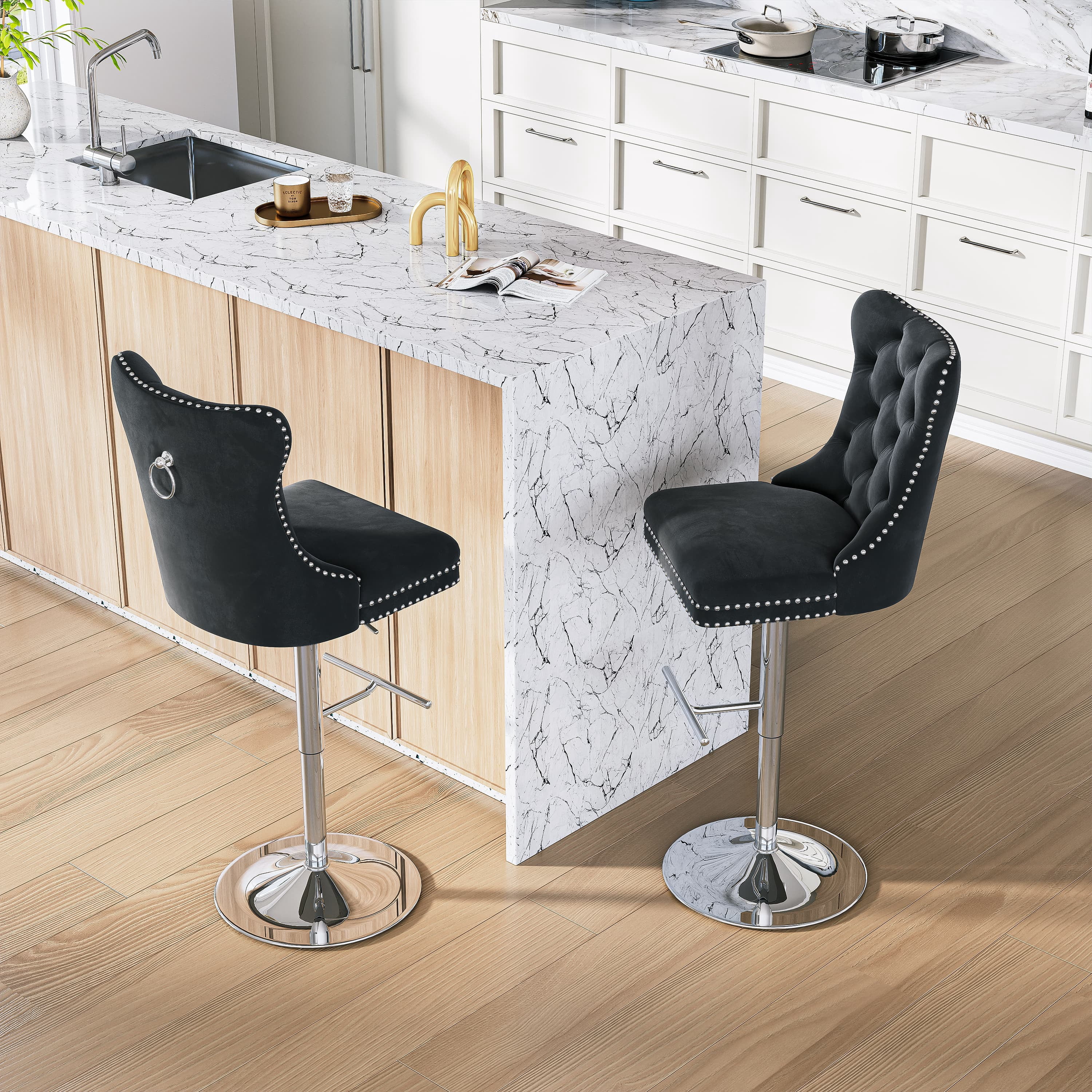 Modern Velvet Bar Stools Set of 4 Adjustable Swivel Counter Height Chairs with Upholstered Back and Nailhead Trim for Home Pub Kitchen Island